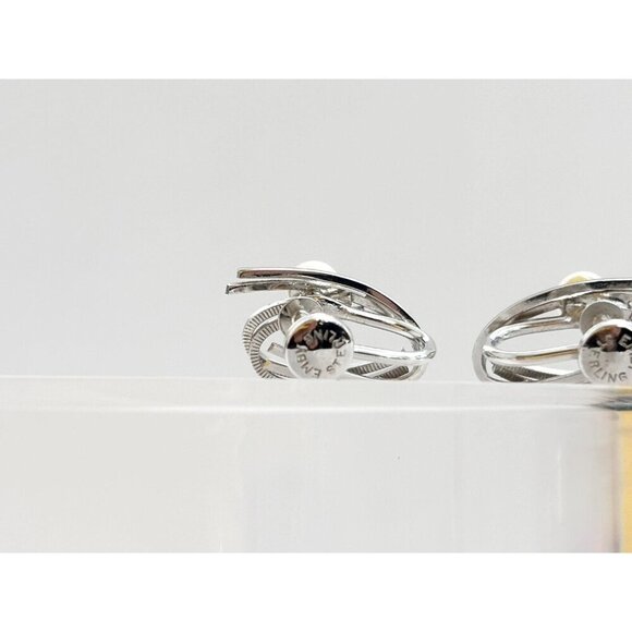 Abatract Modernist Ribbed Screw Back Sterling Faux Pearl Vintage Stud Earrings - Picture 10 of 10